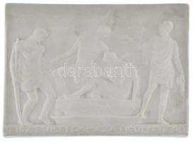 Reményi József (1887-1977) 1920. "Tisztviselők Háza Hévíz Fürdő" herendi biszkvit porcelán plakett, hátlapon az avatáson résztvevők ceruzás aláírásával (88x122mm) T:AU HP 4471.