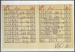 1868-tól 160 db magyar okmánybélyeg cserefüzetben, kiadások szerint feldolgozva