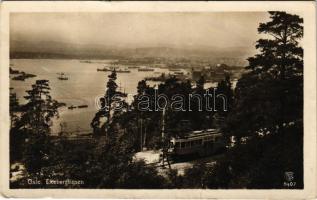1929 Oslo, Christiania, Kristiania; Ekebergbanen, tram, ships, photo (tear)