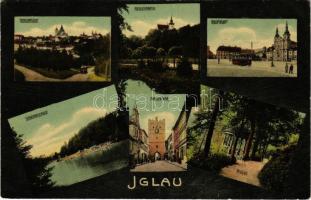 Jihlava, Iglau; Totalansicht, Heulospartie, Hauptplatz, Schwimmschule, Frauentor, Heulos / general view, main square, tram, swimming school, gate