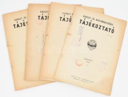 1963-1964 Karszt- és barlangkutatási tájékoztató 6 db száma. Szerk.: Dr. Dénes György, Hazslinszky Tamás. Kiadja a Magyar Karszt- és Barlangkutató Társulat. Kiadói tűzött papírkötés, vegyes állapotban, helyenként kisebb lapszéli sérülésekkel, intézményi bélyegzőkkel. Megjelentek 1000 példányban.