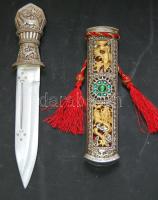 Díszes tőr 15 cm-es pengével, távol-keleti sárkány motívumokkal díszített tokban