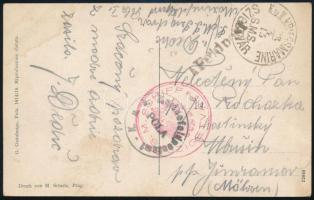 1917 Tábori posta képeslap piros S.M. SCHIFF SZIGETVÁR , K.u.k. Marinefeldpostamt POLA , K.u.K. KRIEGSMARINE / S.M.S. SZIGETVÁR (szakadt / torn)