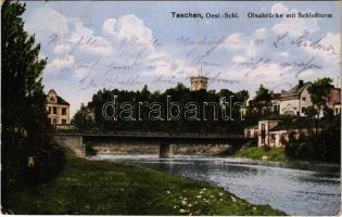 1914 Cieszyn, Teschen; Olsabrücke mit Schloßturm / bridge, castle tower, tram (Rb)