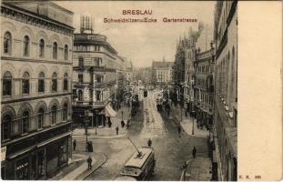 1908 Wroclaw, Breslau; Schweidnitzer Ecke Gartenstrasse / street view, tram, shops (EK)