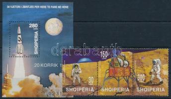 30 éve járt az első ember a Holdon sor hármascsíkban + blokk, Mankind stepped on the Moon 30 years ago set in stripe of 3 + block