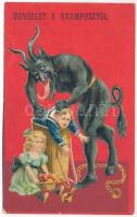 1927 Üdvözlet a Krampusztól / Krampus greeting with children. litho (EK)