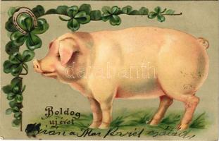 Boldog Újévet / New Year greeting art postcard with pig, horseshoe and clovers. Emb. litho (EK)