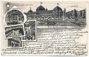 1903 Budapest II. Szent Lukács fürdő, Nagyszálloda, forrástó, gyógyudvar, iszapfürdő, gyógyterem, lépcsőház. Art Nouveau, floral, litho (r)