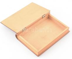 Díszkönyv alakú intarziás ékszeres doboz, kis kopással, 23x17 cm