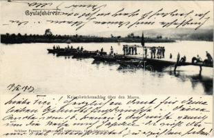 1903 Gyulafehérvár, Karlsburg, Alba Iulia; Kriegsbrückenschlag über den Maros / hidászok ideiglenes katonai hajóhíd építése közben. Schäser Ferenc kiadása / K.u.k. soldiers building a military pontoon bridge