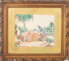 Jelzés nélkül: Rokokó jelenet. Vegyes technika, selyem. Kissé foltos. Dekoratív, sérült, üvegezett f...