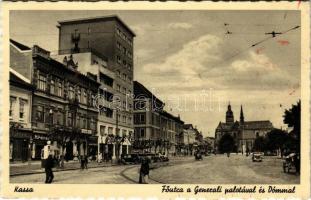 1940 Kassa, Kosice; Fő utca a Generali palotával és Dómmal, Krausz üzlete, automobilok / main street, insurance company, shops, cathedral, automobiles (fl)