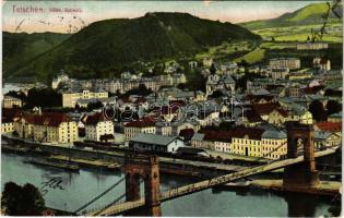 1912 Decín, Bodenbach, Tetschen; Böhmische Schweiz / general view, bridge, barges, railway station, trains, wagons (gyűrődések / creases)