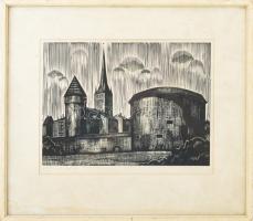 Olvashatatlan jelzéssel: Tallini részlet, 1969. Linómetszet, papír, üvegezett fakeretben, 22×30 cm