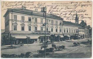 Marosvásárhely, Targu Mures; Széchenyi tér, Takarékpénztár palotája, Izmael János, Harmath Sándor, Bucher Lajos, Császár József és Schwartz Henrik üzlete. Révész Béla kiadása / square, savings bank, shops (fl)