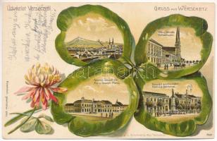 1906 Versec, Vrsac; látkép, Elemi iskolák, Ferenc József tér, Honvéd emlékszobor. Kunstanstalt Rosenblatt. Verlag J. E. Kirchner. Szecessziós, dombornyomott lóherés litho művészlap / Volksschulen, Franz-Joseph-Platz, Honvéd-Denkmal / general view, schools, square, military monument. Art Nouveau Embossed litho clover (EB)