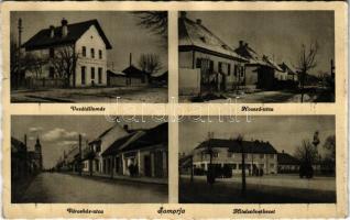 Somorja, Csallóköz-Somorja, Somorin, Samorín; vasútállomás, Hosszú és Városház utca, Hitelszövetkezet. Kelley Istvánné kiadása / railway station, streets, credit union (gyűrődések / creases)