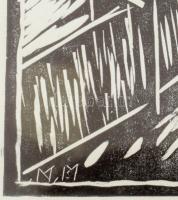 MM (?) jelzéssel: Utcarészlet. Linómetszet, papír, üvegezett fakeretben, 15x17,5 cm