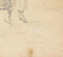 Olvashatatlan jelzéssel (Klucsik Ferenc?): Menyecske férfiakkal. Ceruza, papír, üvegezett fakeretben...