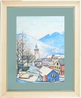 B. Hajdú László (1926-1988): Város a hegyek között. Vegyes technika, karton, jelzett. Dekoratív, üve...