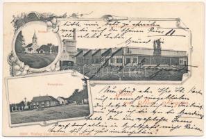 1900 Boksánbánya, Románbogsán, Németbogsán, Deutsch-Bogsan, Bocsa Montana; Kirche, Hauptplatz, Landwirthschaftliche Maschinenfabrik. Verlag Carl Szabonáry / templom, Fő tér, Mezőgazdasági gépgyár / church, main square, Agricultural machine factory. Art Nouveau, floral