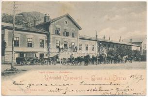 1900 Orsova, vasútállomás, Ozanic szálloda lovaskocsija. Raichl Sándor junior kiadása / railway station, horse cart of Hotel Ozanic (EK)