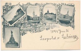 1899 (Vorläufer) Arad, Andrássy tér, Római katolikus templom, Csanádi palota, Városháza, Vértanúk szobor. Révész Nándor kiadása / square, church, palace, town hall, martyrs' statue. Art Nouveau, floral