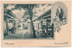 Ada Kaleh, utca, török üzlet, bazár, Bego Mustafa. Hairy u. Ahmed kiadása / street view, Turkish bazaar shop. Art Nouveau, floral (fl)