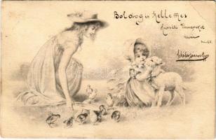 1901 Húsvéti üdvözlőlap báránnyal és csibékkel / Easter greeting with lamb and chicken (EB)