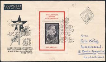 1953 Sztálin kézisajtós blokk futott FDC-n Németországba (180.000)