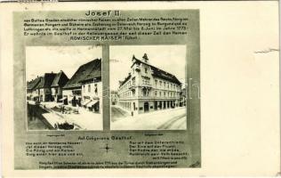 1937 Nagyszeben, Hermannstadt, Sibiu; Heltauergasse, Hotel Römischer Kaiser / Restuarant-Kaffee I. Rang Imparatul Romanilor / Római császár szálloda, étterem és kávéház / hotel, restaurant and café, advertisement card (szakadás / tear)