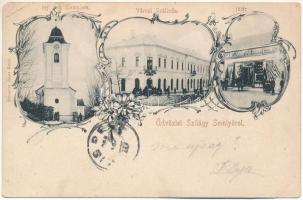 1905 Szilágysomlyó, Simleu Silvaniei; Református templom, városi szálloda, Fő tér, Schupiter János üzlete és saját kiadása / Calvinist church, hotel, main square, publisher's shop. Art Nouveau, floral + "SZILAGY-SOMLYÓ - SZÉKELYHÍD 293. SZ." vasúti mozgóposta bélyegző (EM)