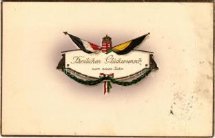 1915 Herzlichen Glückwunsch zum neuen Jahre! / Újévi üdvözlet, zászlóval és címerrel. Viribus Unitis propaganda / New Year Greeting, Viribus Unitis propaganda, coat of arms and flags. Emb. litho (fa)