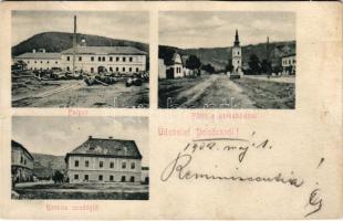 1902 Pelsőc, Pelsőcz, Pelsücz, Plesivec (Gömör); Korona szálloda és vendéglő, Faipar, Fő tér a városházzal / hotel and restaurant, lumber yard, sawmill, main square, town hall (r)