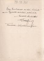 Pelle János: Népek Golgothája. Pelle János újabb versei. (Dedikált.) Budapest, 1916. Singer és Wolfner (Korvin Testvények Ny.) 96 p. Egyetlen kiadás. Dedikált: ,,Étsy Emiliának, az első "Lizának'', az én legszebb színházi estémért, hódoló tisztelettel Pelle János. Temesvár, 1917 márczius hava". Pelle János (1885-1957) nagyváradi jogász, költő, újságíró. A fiatalkorában színművekkel is jelentkező szerző jeles nagyváradi lokálpatrióta, költeményei mellett nevéhez fűződik a nagyváradi sportpálya és strand létesítése. Prov.: Étsy (Écsy) Emília (Budapest, 1884-1964) színésznő, 1910-ben Nagyváradra szerződött. Itt baráti kapcsolatba került a Holnap írói körével, s a fiatal költők - Babits Mihály, Juhász Gyula, Dutka Ákos, Emőd Tamás - verseinek tolmácsolásával nagy sikereket aratott. Később szegedi, majd budapesti színházakban játszott. 1933 körül ismerte meg József Attilát, akinek verseit ő szólaltatta meg először. Könyvtári duplum. Aranyozott kiadói félvászon kötésben. Jó példány.