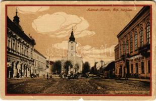 Szatmárnémeti, Satu Mare; Református templom, Gazdasági Bank, Singer Co. varrógép részvénytársaság, Weisz Zoltán üzlete. Barth Józsefné kiadása / Calvinist church, bank, shops (szakadások / tears)