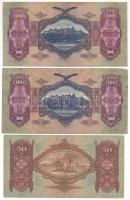 1930. 100P (2x) + 1932. 50P, mind zöld színű, hamis nyilaskeresztes felülbélyegzéssel T:UNC-F