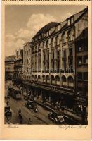 München, Munich; Geschäftshaus Bach, backerei / shopping mall, bakery, automobiles, tram, motorcycle, from postcard booklet