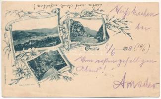 1898 (Vorläufer) Orsova, Kazán-szoros, Széchenyi út / Cazane / Kasanenge / gorge, road. Art Nouveau, floral (vágott / cut)