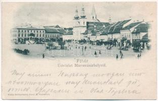 1899 (Vorläufer) Marosvásárhely, Targu Mures; Fő tér, piac, üzletek, takarékpénztár. Reichardsperg József kiadása / main square, market, shops, savings bank (kis szakadás / small tear)