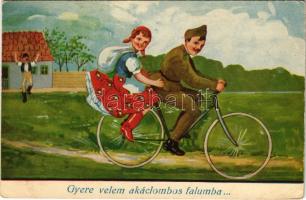 1942 Gyere velem akáclombos falumba... magyar katona biciklin népviseletes lánnyal / Hungarian soldier on bicycle with girl, folklore (EK)