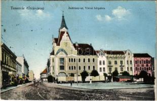 1915 Temesvár, Timisoara; Andrássy út, Városi bérpalota, üzletek. Vasúti levelezőlapárusítás / street view, shops (EK)