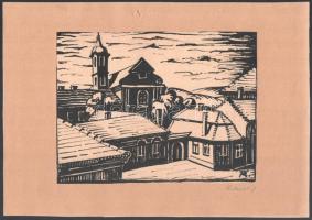 Peukert Károly (1903-1973): Városrészlet. Tus, papír, jelzett. Paszpartuban. 17x22 cm