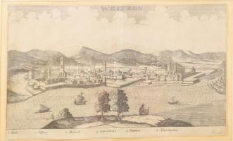 Weitzen (Vác látképe). Rézmetszet, papír. XVII. v. XVIII. sz. Jelzés nélkül. Körbevágva. Üvegezett fakeretben 19x31,5 cm