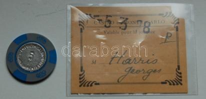 cca 1930 Monte Carlo kaszinó-belépő és egy 5 frankos zseton