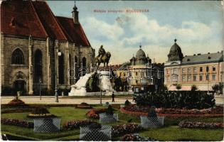 1912 Kolozsvár, Cluj; Mátyás király tér és szobor, Haraszthy Jenő üzlete. Bernát kiadása / square, monument, shop (EK)