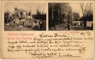 1899 (Vorläufer) Fogaras, Fagaras; Városliget, papírgyár, parasztok. Kiadja Thierfeld Dávid / Papier-Mühlen / park, paper factory, Transylvanian folklore (fl)