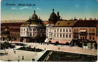 Kolozsvár, Cluj; Mátyás király tér, Haraszhy Jenő üzlete, Erdélyi Bank / square, bank, shops (kopott sarkak / worn corners)