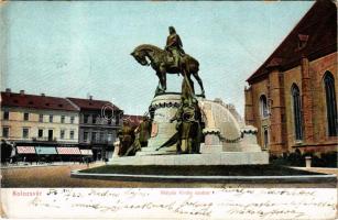 1906 Kolozsvár, Cluj; Mátyás király szobor, Fein F. üzlete / monument, shops (EK)